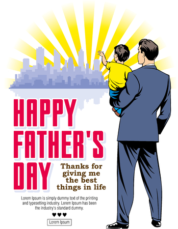 Happy Father's Day. Greeting card - father holding a son in his armsのイラスト素材