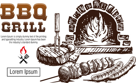 Barbecue - grilled meat: steak, sausages, shish kebab. Vintage background for greeting cardのイラスト素材