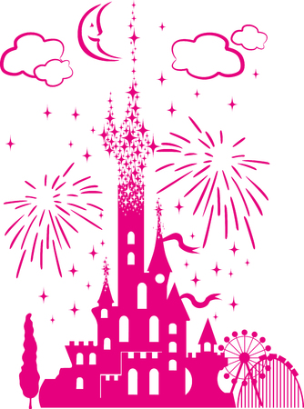 children's fabulous entertainment castle on the background of attractions and fireworksのイラスト素材