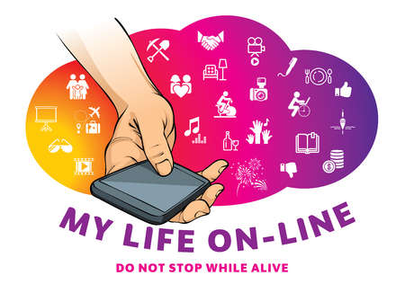 My life on-line - hand with smartphone in the background of cloud with lifestyle iconsのイラスト素材