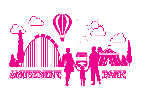 Happy family on holiday in amusement park - vector silhouette outlineのイラスト素材