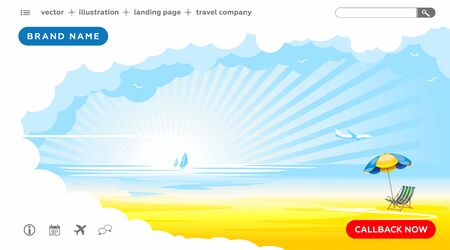 Landing page template. Sea landscape background - ocean, sandy beach with umbrella and chaise lounge, sun rays and clouds. Vector illustrationのイラスト素材