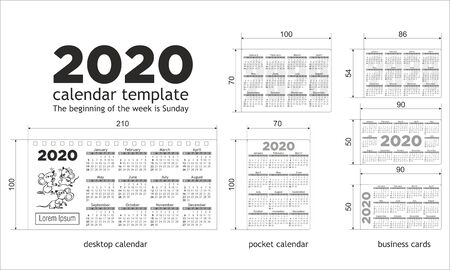 2020 calendar template. The beginning of the week is Sunday. Formats desktop calendar, pocket calendar, business cards. Size for print, vector, single colorのイラスト素材