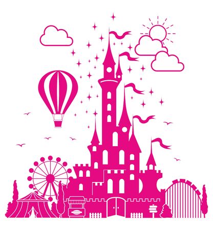 Amusement park. Children's fairytale entertainment castle on the background of attractions, fireworks, balloon.のイラスト素材