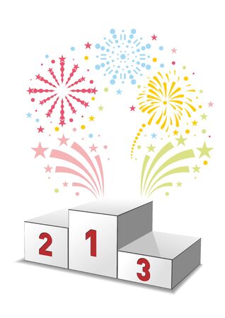 Winners podium with festive fireworks. Illustration, vectorのイラスト素材
