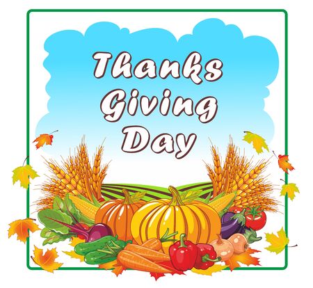 Thanksgiving - rich autumn harvest of vegetables against the sky, arable land and ears of wheat. Greeting card, illustration, vector.のイラスト素材