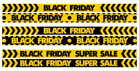 Black Friday Super Sale. Set stripes yellow and black color pattern on ribbon. Illustration, vectorのイラスト素材