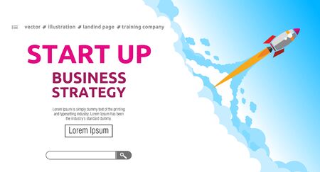 Launching business strategy rocket. Startup concept landing page design. Illustration, vectorのイラスト素材