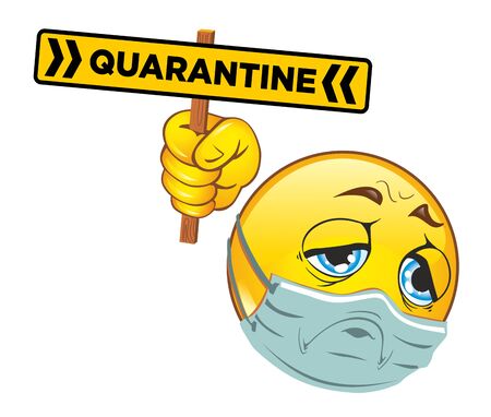 Emoji yellow ball. Sad smiley with a coronavirus quarantine sign. Stay at home, stay alive. Warning of the danger of infection. Illustration, vectorのイラスト素材