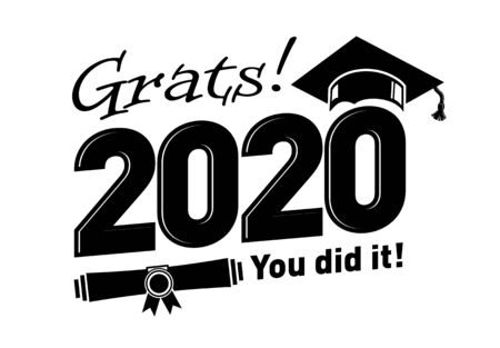 Class of 2020 with Graduation Cap and diploma. Flat simple black and white design. Illustration, vectorのイラスト素材