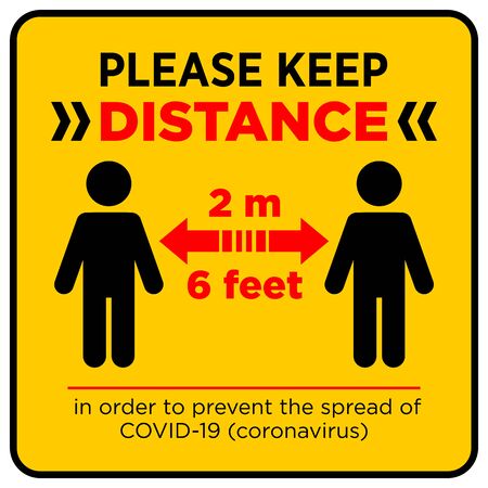 Warning sign Please keep safe distance of 2 m or 6 feet. Quarantine actions, risk of coronavirus COVID-19 infection. Illustration, vectorのイラスト素材