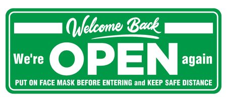 Information plate on the front door we are open again. Put on face mask before entering and keep safe distance. Opening of a shop, cafe, office after coronavirus quarantine. Illustration, vectorのイラスト素材