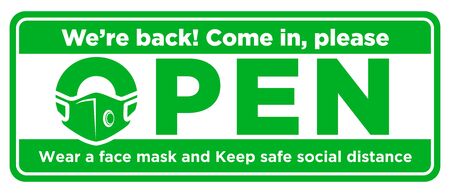 Open sign plate on facade door of store, cafe, office. We are back, come in please. Were face mask and keep social distance. Reopening after quarantine of coronavirus COVID-19. Illustration, vectorのイラスト素材