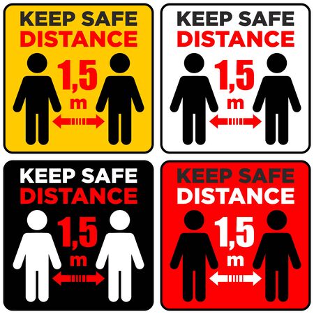 Set of signs keep safe distance 1.5 m. White, black, yellow, red background. Outline, vectorのイラスト素材