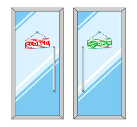 Front doors with hanging signs Open and Closed. Illustration, vector on transparent backgroundのイラスト素材