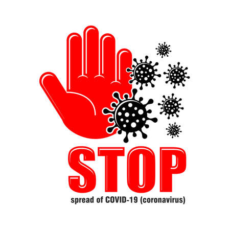 Coronavirus Icon with Red Prohibit Sign. Red human palm against black bacteria COVID-19. Stop spread coronavirus Concept. Illustration, vector on transparent backgroundのイラスト素材