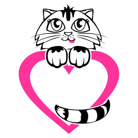 Cute tabby kitten with a pink heart. Frame for congratulations on Valentine's Day. Vector on transparent backgroundのイラスト素材