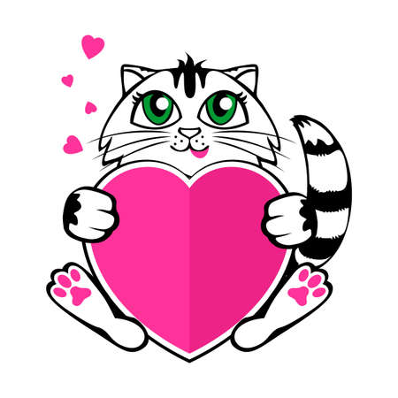 Cute tabby kitten with a pink heart. Frame for congratulations on Valentine's Day. Vector on transparent backgroundのイラスト素材