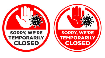 Temporarily closed round sign, banner, label. Human palm and virus icon. Vector on transparent backgroundのイラスト素材