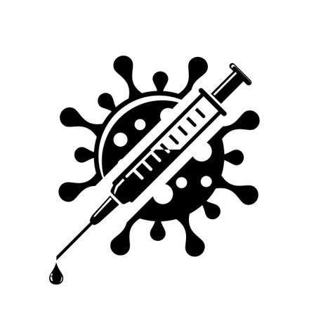 Medical syringe with needle and with coronavirus vaccine. Flat style concept of vaccination. Vector icon on transparent backgroundのイラスト素材