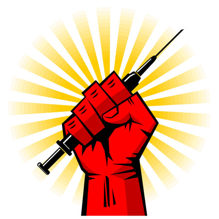 Strong red fist holds a syringe with a vaccine against the rising sun.のイラスト素材