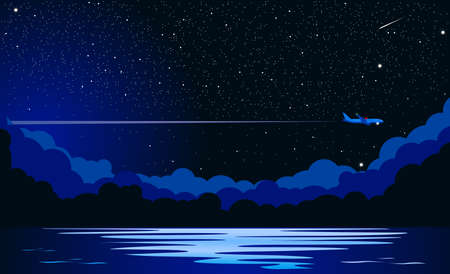 Airliner flies at night across the starry sky over the sea or ocean. Illustration, vectorのイラスト素材