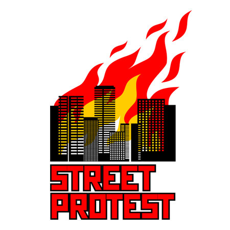 Street protests and clashes in the city. Fire Burning Multi-Storey Houses Flat Design Vector Transparent Backgroundのイラスト素材