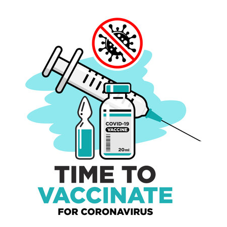 COVID-19 global vaccination concept. Medical syringe with needle, Vial and bottle with the drug, Stop coronavirus warning sign. Vector on transparent backgroundのイラスト素材
