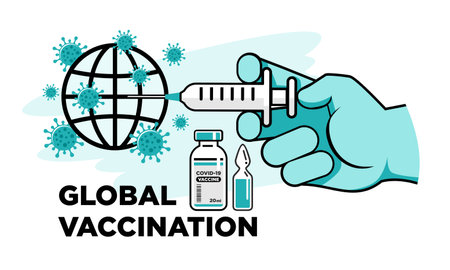 Doctor hand in glove with syringe inoculates the planet Earth. Anti  virus global vaccination concept. Vector on transparent backgroundのイラスト素材