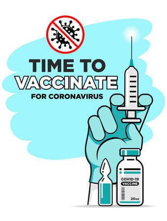 Hand of doctor or nurse in medical glove makes vaccine against coronavirus. Bottle and vial containing drug for COVID-19. Time to vaccinate poster or website landing page, vector on transparent backgroundのイラスト素材