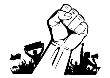 Raised protest fist over crowd rebels with flags and streamer. Revolution vector templateのイラスト素材