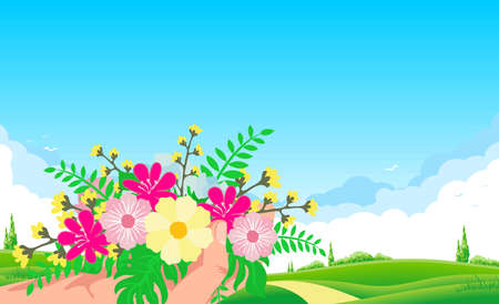 Hand with wildflowers on springtime landscape background. Blue sky with clouds, green meadow and yellow road. Vector for greeting cardのイラスト素材