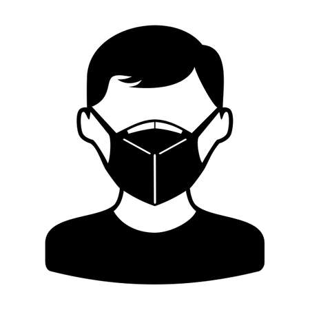 Full face man in protective face mask. Industrial safety N95 mask, dust protection respirator and breathing medical respiratory mask. Vector flat iconのイラスト素材