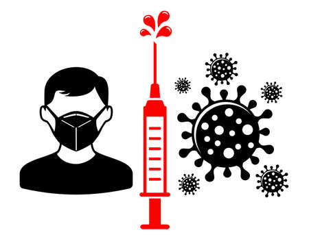 Vaccination protection against coronavirus. Man in a medical mask, barrier from the virus in the form of a syringe with a vaccine. Vector on transparent backgroundのイラスト素材