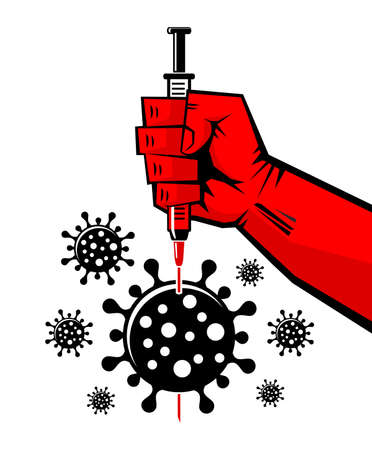 Red hand pierces the coronavirus with a syringe needle. Retro style poster on transparent background. Vectorのイラスト素材
