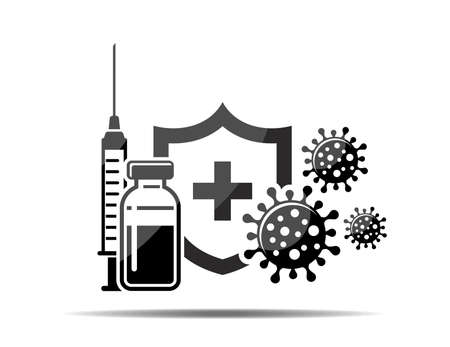 Hygiene shield, vaccine syringe with bacterial prevention, immune from flu germ icon. Vector vaccination conceptのイラスト素材