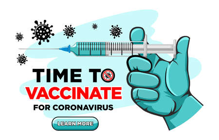 Hand of doctor or nurse in medical glove inject vaccine against coronavirus. Time to vaccinate poster or website landing page, vector on transparent backgroundのイラスト素材