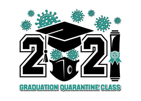 Quarantine graduation class of 2021. Concept for flyers, greeting card, prom invitations, T-shirt uniform emblems. Vector on transparent backgroundのイラスト素材