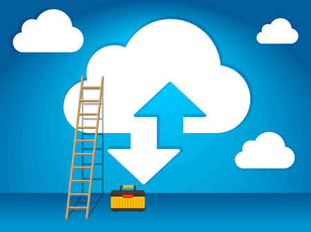 Stairway to the sky to the cloud and toolbox. Cloud servers service ad. Illustration, vector