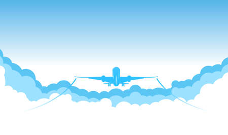 Airliner flies through blue sky with clouds and leaves behind white trail. Vector horizontal bannerのイラスト素材