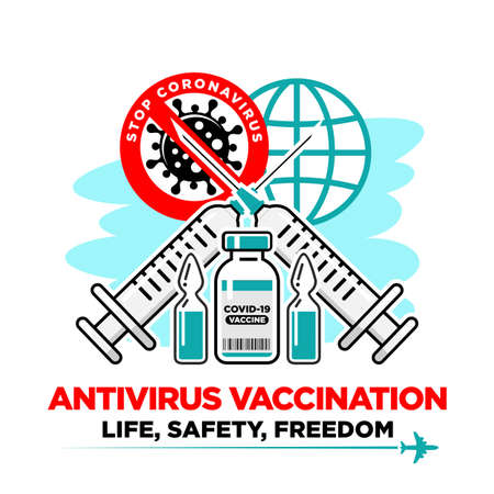 COVID-19 global vaccination concept. Medical syringe with needle, Vial and bottle with the drug against coronavirus. Life, safety, freedom travel. Vector on transparent backgroundのイラスト素材