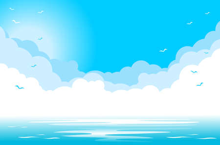 Blue sky with clouds and silhouettes of seagulls over the blue sea. Illustration, vector backgroundのイラスト素材