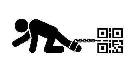Quarantine measures restrict personal freedom of movement. QR code in the form of kettlebell on the leg of crawling person. Vector on transparent backgroundのイラスト素材