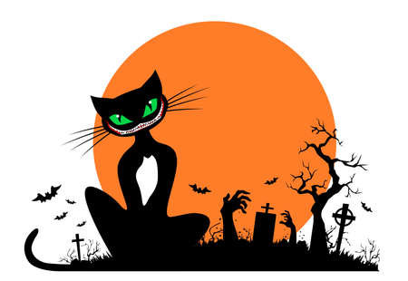 Black cat against the background of a full moon with bats and graveyard with zombie hands. Halloween elements for decoration of flyer, invitation, greeting card. Vector on transparent backgroundのイラスト素材