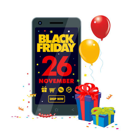 2021 Black Friday November 26. Holiday of discounts and gifts in smartphone. Online shopping on sale. Vector on transparent backgroundのイラスト素材