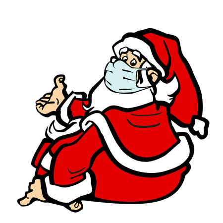 Santa Claus in face mask sitting and pointing. Vector on transparent backgroundのイラスト素材