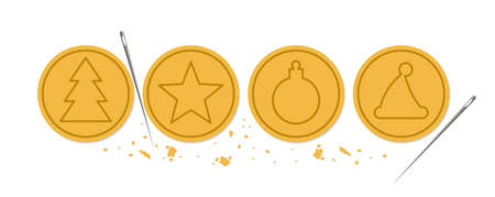 Cookies featuring a Christmas tree, star, ball and Santa hat.Sign, symbol, icon or logo.Cartoon vector illustration on transparent backgroundのイラスト素材