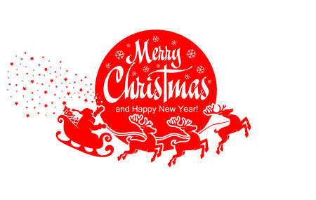 Santa Claus in a sleigh scatters stars against the background of the full moon. Vector christmas card templateのイラスト素材