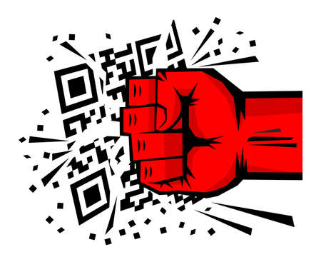 No QR-code poster. Powerful fist breaks QR code. Vector on transparent backgroundのイラスト素材