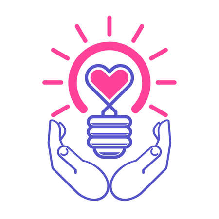 Hands make heart shape icon. Love idea light electric bulb sun in couple hands. Vector on transparent backgroundのイラスト素材